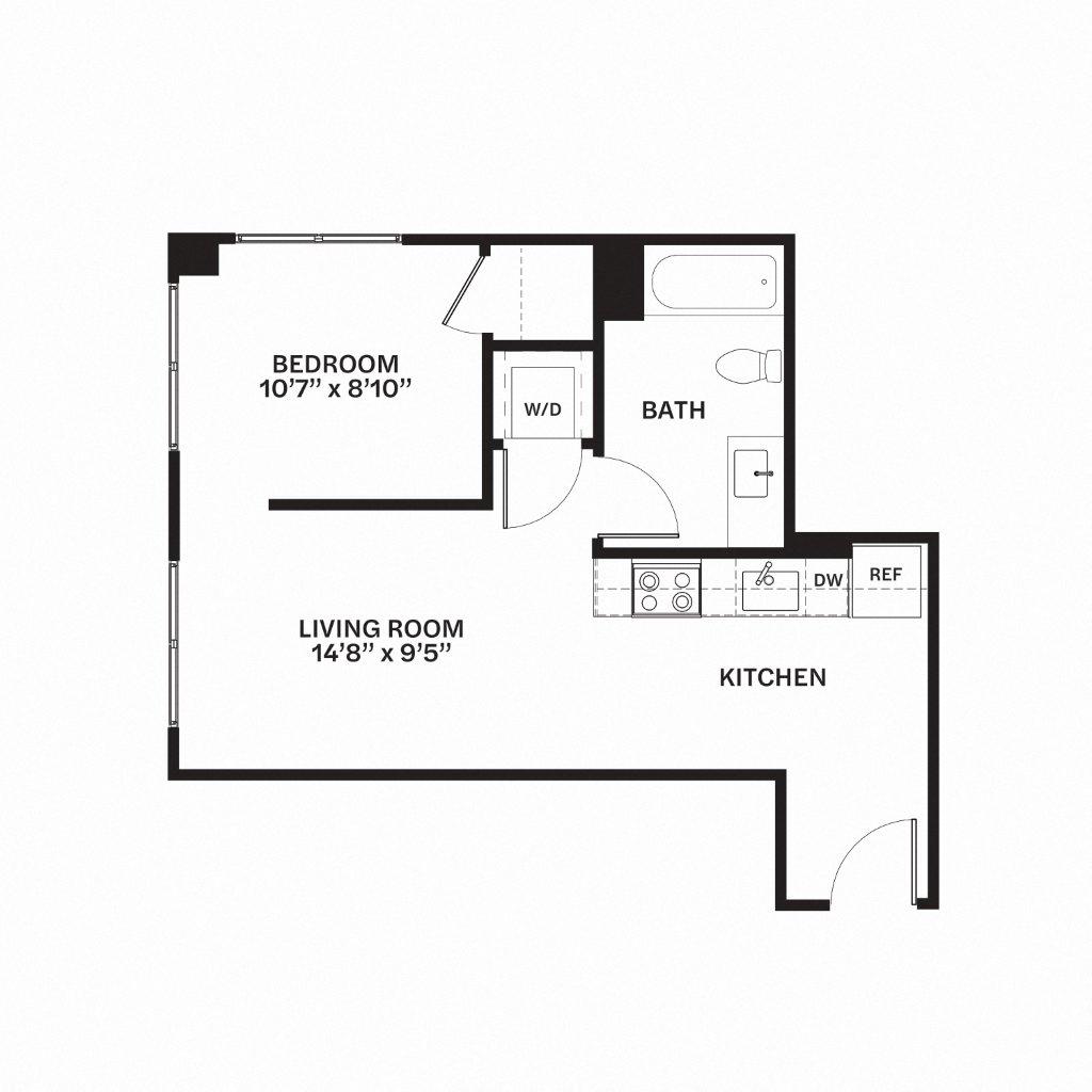 Floor plan for 1 bed, 1 bath, 562 sqft
